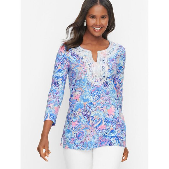Talbots Lace Trim Tunic Flowing Floral Blouse Womens XL Blue 3/4 Sleeves Boho - Picture 1 of 11